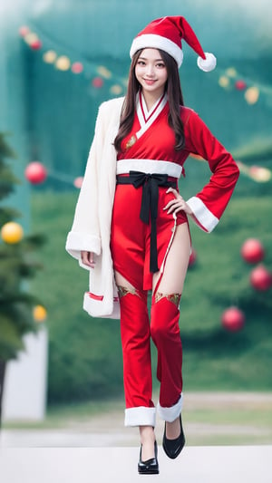 wallpaper character,
1girl, solo, (full body), santa suit, christmas_hat, smile, 
1girl, solo, telephoto lens, exquisite facial features, perfect face, glowing skin, long hair,tienhiep,hanfu,lostArk