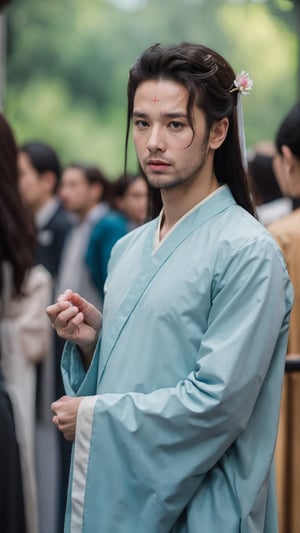 tienhiep, hanfu,
(Hands:1.1), better_hands, realhands
1boy, solo, long hair, black hair, hair ornament, long sleeves, upper body, flower, see-through, blurry background, facial mark, chinese clothes, forehead mark, realistic, hanfu, tienhiep,mature,man