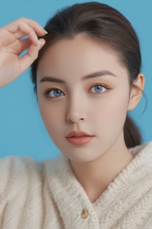 xxmixgirl,solo, 1girl, blue background, realistic, portrait, mole, mole under eye, looking at viewer, hood, simple background, closed mouth, brown hair, blue eyes, lips, nose