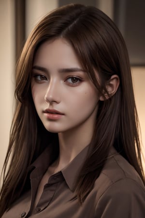 photorealistic, masterpiece, best quality, raw photo, 1girl, medium breasts, long hair, brown hair, collared shirt, looking at viewer, dynamic lighting, in the dark, deep shadow, low key, intricate detail, detailed skin, pore, highres, hdr