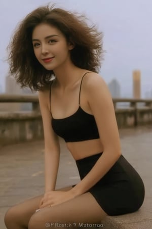 xxmixgirl, 3/4 shot of a beautiful woman in bra and pantyhose, brunette curly hair, sitting down, spreading legs, outside, light rain, skyline in the background out of focus, skin details, thick jawlines, intricate details, muted colors, cinematic, grain, sharp focus, best quality, masterpiece