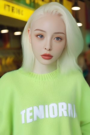 ((selfie)) photo , ((upper body selfie)), analog style (look at viewer:1.2) ,close up,pouted,cinematic, xxmixgirl, A young albino woman holding a neon sign that says "TensorArt" realism, cinematic outfit photo, cinematic pastel lighting, 80s neon movie still, knitted sweater