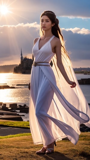 Fujifilm,super bright scene,very bright backlighting,Mont Saint-Michel,solo,{beautiful and detailed eyes},full body,summer morning,girl in ancient goddess warrior custume,medium breasts,dazzling sunlight,calm expression,natural and soft light,hair blown by the breeze,delicate facial features,cnc_cc