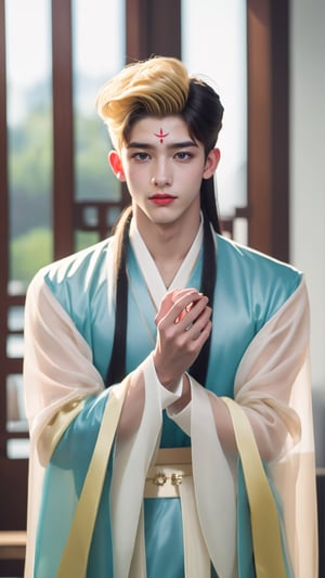 tienhiep, hanfu,
(Hands:1.1), better_hands, realhands
1boy, solo, long hair, black hair, hair ornament, long sleeves, upper body, flower, see-through, blurry background, facial mark, chinese clothes, forehead mark, realistic, hanfu, tienhiep,mature,man,cute blond boy