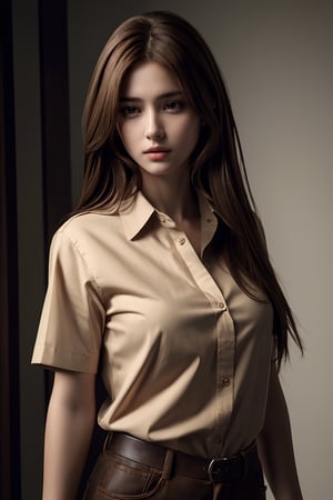 photorealistic, masterpiece, best quality, raw photo, 1girl, medium breasts, long hair, brown hair, collared shirt, looking at viewer, dynamic lighting, in the dark, deep shadow, low key, intricate detail, detailed skin, pore, highres, hdr