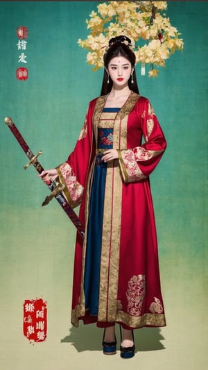 poster wallpaper, 1girl, solo, long hair, black hair, hair ornament, long sleeves, dress, holding, standing, full body, weapon, sword, hair bun, facial mark, chinese clothes, red dress, robe, forehead mark, realistic, red lips, hanfu, tienhiep,