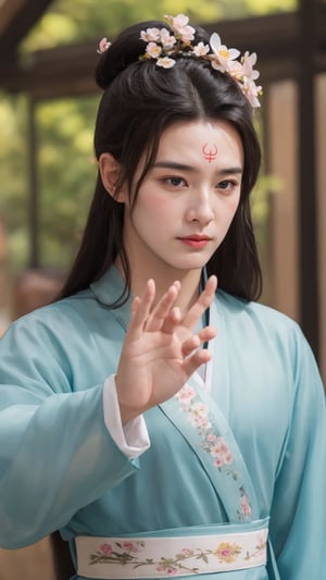 tienhiep, hanfu,
(Hands:1.1), better_hands, realhands
1boy, solo, long hair, black hair, hair ornament, long sleeves, upper body, flower, see-through, blurry background, facial mark, chinese clothes, forehead mark, realistic, hanfu, tienhiep,mature