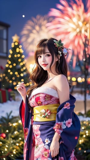 (((adorable, cute, kawaii)), A beautiful Japanese woman in her early twenties, her long raven hair cascading down. She is dressed in a traditional yukata, a lightweight summer kimono adorned with intricate cherry blossom patterns in shades of pink and red. The yukata hangs loosely off her shoulders, revealing her toned arms and smooth skin. (Standing in the midst of a Christmas-themed garden:1.4), she plays with a dazzling array of fireworks, her expression one of pure delight. The garden is filled with lush greenery, adorned with twinkling fairy lights, colorful ornaments, and snow-dusted trees, creating a warm and festive atmosphere. In the background, the sky is aglow with the colors of the fireworks, casting a warm, golden hue over the scene. The woman's delicate features are highlighted by the soft, romantic lighting, accentuating her large, almond-shaped eyes and heart-shaped face. Her slender fingers expertly manipulate the fireworks, causing them to explode in a symphony of colors and shapes, creating an awe-inspiring display of light and sound. The image is a testament to the beauty of Japanese culture, the allure of fireworks, and the magic of the holiday season., (cartoon-style bold line work:1.2), vibrant colors, cel shading, outline, white outline, (cel shading, vintage:1.25), cute moe anime character portrait, adorable, featured on pixiv, kawaii moé masterpiece, cuteness overload, very detailed, sooooo adorable!!!, absolute masterpiece, natural beauty