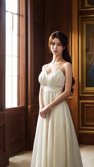 female, white dress, best quality, masterpiece, indoors, (realistic:1.5), (high detailed skin:1.1),