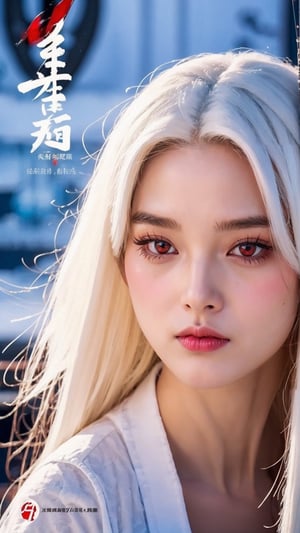 poster wallpaper, 1girl, solo, long hair, red eyes, closed mouth, white hair, japanese clothes, blurry, lips, copyright name, blurry background, realistic, chinese text, logo, albino, tienhiep