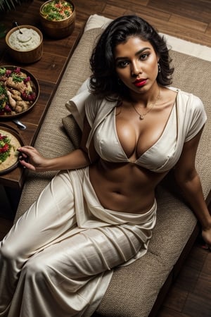 women surrounded by food,food,View from top,full_body,1 women,full body view from above,Indian women,dark skin,white saree,black eyeliner, cherry red lipstick,brightness on body, brightness, massive cleavage, Woman, hd, raw photo, 8k, high_resolution,, extremely detailed,very dark skin, dark brown skin,Detailedface