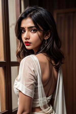 Indian women,dark skin,from_behind,white saree,black eyeliner, cherry red lipstick,brightness on body, brightness, massive cleavage, Woman, hd, raw photo, 8k, high_resolution,perfect eyes,brown_skin,Detailedface,Detailedeyes