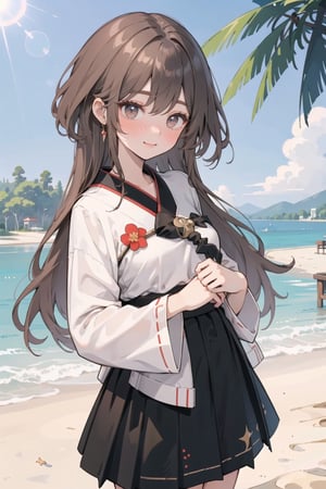 One girl (at a lake),  day time,  shy smile,  happy eyes, blushing shy face( blush),  long brown hair, masterpieces (masterpiece :1.1),  best quality,  high quality,  clothes(korea traditional dress, detailed hands, white top,  black shot skirt) (clothes :1.2),  background ( beach:1.2),  clean sky,  beach,  lake,  trees,  high sun),genshin impact