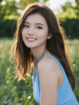 Background: vineyard, realistic trees, flowers, readable realistic advertisements boards. Photo-realistic, sky, background. Undeformed, 
1Girl, ((full body shot)), (((20 year old girl with natural smile mouth,her lips glow of lip gloss, look like Chinese top model, actress, activist, real life, looking in the direction of the camera,( face bright and clear), perfect photo realistic picture))), fokus image, flash taked picture, real shadow, realistic shadows, detailed fingers, detailed realistic face with original nose, attractive girl, ((long legs)), perfect detailed tanned dark auburn colored skin, realistic small eyes, (((blue eyes))), opened eyeslids, perfect mistery nice eyes iris, perfect detailed face with realistic complexion and skin with small pores, laugh wrinkles, no eyeslids errors, human perfect eyeslids, symmetric detailed eyes, symmetric detailed eyeballs, photo-model, seductive gaze, perfect body natural posture, natural limbs, long legs, straight super-long hair, real blond hair, two arms, two legs, one head, realistic shadows, mystical lighting, 48K, UHD, RAW Photography, Flash Photography, body facing the viewer, beautiful sweet belly, little seduce, (real shadows), cinematic light, nice fingers, real human nails. She's dressed in sports black watch on arm, ((Wear a sexy little dress)), ((sit in a sexy posture)), ((and reveal sexy underwear)), white sneakers on his feet, firm middle size breasts are outlined under the sweater. 