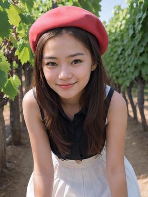 masterpiece, photography, photorealistic, ultra quality, ultra detailed, detaied face, 8k UHD, 8k, female solo, young, 18 years old, China, realistic dark eyes, farmer, dress shirt, pink french beret, adult, standing, vineyard path, colorful, upper body, braces, front view, plain, natural, average, sunny weather, smirking, happy, playful, cute chubby face, glass of vine