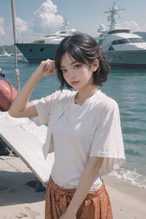 1girl, Japanese, exotic, slightly tanned skin, 20 years old, masterpiece, proper anatomy, short hair, best quality, ultra realistic, ultra detailed, 8k UHD, smirk, outdoor, summer, beach, yacht in background, front view, standing, natural, plain, average, upper body, tiny breasts,
