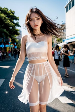 An 18-year-old girl with sparkling beautiful eyes. dancing on the street, wearing (short:1.5) white sheer dress on a nude body, her nude body visible through the fabric, (the wind blows under the skirts of the dress), sunny, vibrant colors, masterpiece, advertising photo, Taipei, contrast, 4k, high_res