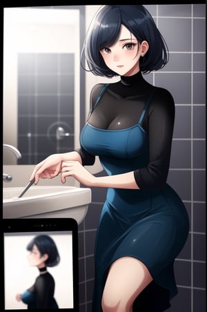 a woman in a blue dress posing for a picture, a picture, instagram, tachisme, high detailed unblurred face, in bathroom, 8k hq, around 20 yo, professional profile picture, wearing a cute top, pov photo, very very low quality picture, 8k)), 4k post