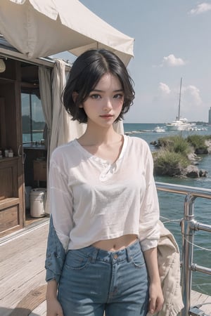 1girl, Japanese, exotic, slightly tanned skin, 20 years old, masterpiece, proper anatomy, short hair, best quality, ultra realistic, ultra detailed, 8k UHD, smirk, outdoor, summer, beach, yacht in background, front view, standing, natural, plain, average, upper body, tiny breasts,
