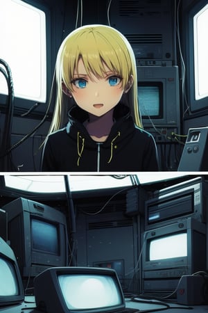 Depressive Machines, 1girl, green lighting, televisions everywhere, cables everywhere, naruko_jutsu_sexy, blonde hair