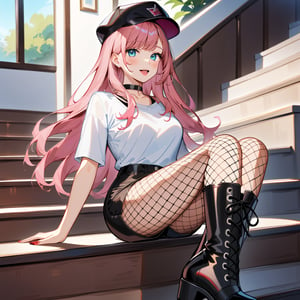 B0GL4RKA_4NTAL, 1GIRL, FISHNET PANTYHOSE, HAT, FISHNETS, BOOTS, PINK HAIR, BLACK SHORTS, SITTING ON STAIRS, LONG HAIR, LIPSTICK, MAKEUP, CHOKER, BLACK FOOTWEAR, RED LIPS, BLUE EYES, SHIRT