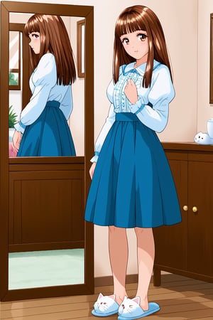 ShirakawaReikoISS1, brown hair,brown eyes, a cartoon video game character standing alone in the hall of mirrors with a cat around her, 1girl, brown hair, solo, long sleeves, skirt, slippers, long hair, bangs, puffy sleeves, standing, indoors, blue skirt, looking at viewer