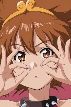 Arisugawa_MayukoIAS,brown eyes, brown hair,ok sign,double ok sign,ok sign over eye