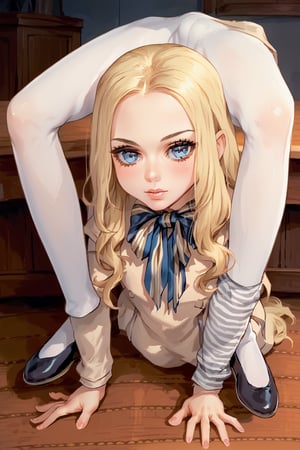 score_9, score_8_up, score_7_up,score_6_up, score_5_up, score_4_up,M3GAN, 1girl, long hair, blue eyes, blonde hair, parted bangs, split bangs, white pantyhose, beige dress, long sleeves, striped sleeves, bow, black shoes,triplefold,flexible,source_anime