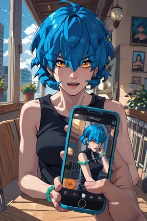 score_9, score_8_up, score_7_up,ad4_3ss3nc3, blue hair, orange eyes,phone exposure,phone pov