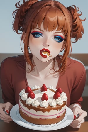 r4luc4, red hair, makeup, blue eyes,red lipstick, ((eating a cake))