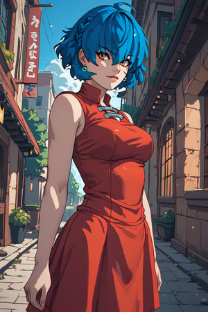 score_9, score_8_up, score_7_up,ad4_3ss3nc3, blue hair, orange eyes, red dress