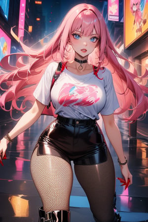 B0gl4rka_4ntal, 1girl, fishnet pantyhose, fishnets, boots, pink hair, black shorts, long hair, lipstick, makeup, choker, black footwear, red lips, blue eyes, shirt