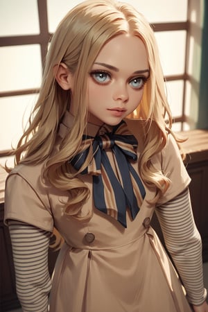 score_9, score_8_up, score_7_up,score_6_up, score_5_up, score_4_up,M3GAN, 1girl, long hair, blue eyes, blonde hair, parted bangs, split bangs, white pantyhose, beige dress, long sleeves, striped sleeves, bow, black shoes