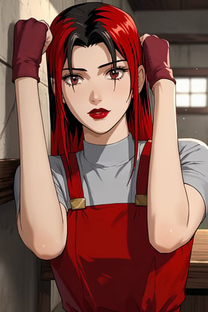 Circe, gray shirt, red jumpsuit,two-tone hair, red eyes, lipstick,triplefold,flexible,score_9,score_8_up,score_7_up,source_anime