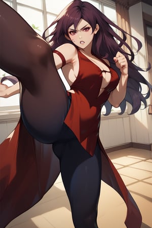 score_9, score_8_up, score_7_up,score_6_up, score_5_up, score_4_up,Fujiko_TSS, red dress, cleavage,garnet eyes,kicking,kicking at viewer