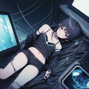 Depressive Machines, 1girl, green lighting, televisions everywhere, cables everywhere, ,MoeNishinosonoTPI,  black shirt with white stars, bare left shoulder showing bra strap, black shorts,

