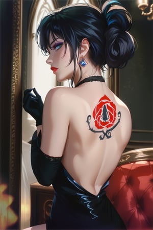 score_9, score_8_up, score_7_up, rul3_0f_r0s3_tatt00,bare back,r4v3n, black hair, blue eyes, makeup,black dress, neckline,bare shoulders, black gloves,high heels