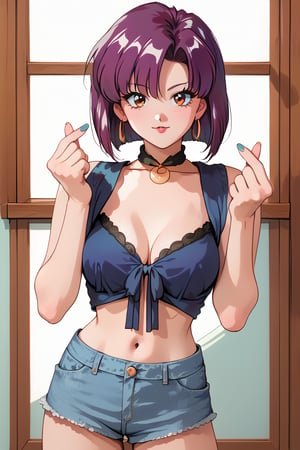 miyabi_animahjong_x, blue shirt showing the belly, cleavage, short denim shorts,finger heart,double finger heart