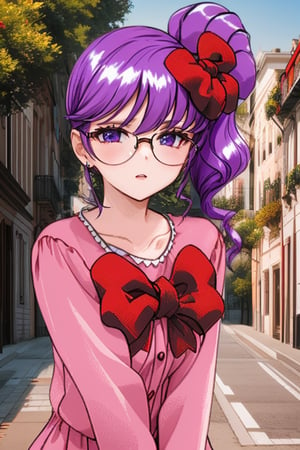 4s4kur4M4n4m1ISS, purple hair, red bow on head, purple eyes, pink dress, red bow on the chest,