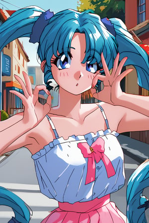 score_9, score_8_up, score_7_up, ok sign,double ok sign,ok sign over eye,H0shin0K1r4r4, blue hair, long hair, long twintails hair, blue eyes