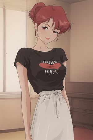 PHbtt90s_style, 1girl, red hair, white skirt, black shirt