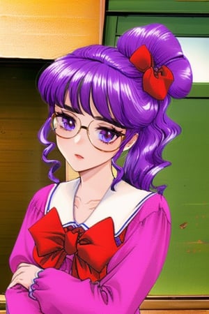 4s4kur4M4n4m1ISS, purple hair, red bow on head, purple eyes, pink dress, red bow on the chest,H3B_style