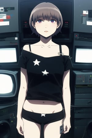 Depressive Machines, 1girl, green lighting, televisions everywhere, cables everywhere, ,MoeNishinosonoTPI,  black shirt with white stars, bare left shoulder showing bra strap, black shorts,

