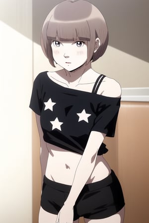 MoeNishinosonoTPI, black shirt with white stars, bare left shoulder showing bra strap, black shorts,