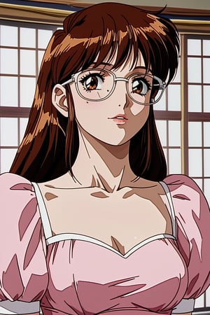 say4k4, brown hair, brown eyes, glasses, pink dress