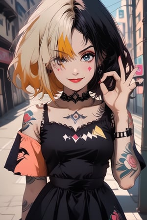 ruka25, two-tone hair, makeup, tattoo, black dress,ok sign,double ok sign,ok sign over eye