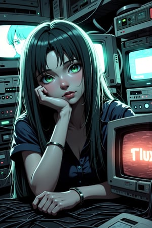 The image is a highly detailed, digital artwork in a cyberpunk style, featuring a young woman with long, straight, teal-colored hair and large, expressive green eyes. She is leaning on a desk, resting her chin on her hand, with a contemplative or slightly melancholic expression. She is dressed in a dark, short-sleeved shirt and has a small, delicate bracelet on her left wrist. In front of her, there's a cluttered workspace filled with various electronic devices and screens. The desk is occupied by an old-fashioned CRT monitor displaying a cryptic, pixelated image with the word "Flux" in red, indicating a possible error message.