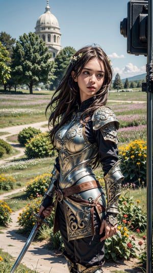 (4k), (masterpiece), (best quality),(extremely intricate), (realistic), (sharp focus), (cinematic lighting), (extremely detailed),

A young girl in full plate armor, standing in a meadow of wildflowers. She is holding a sword and shield. She has long brown hair adorned with wildflowers. Her expression is determined, and her eyes are shining with courage. The sun is shining brightly behind her, casting a golden glow over the scene.

,flower4rmor, flower bodysuit, Flower