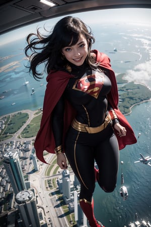 beautiful 25 year old woman, hazel eyes, She has a body of a fitness model, large breasts, black hair, bangs, smiling, hourglass body shape, slim waist, full-body_portrait, supergirl, long red cape, levitating, sky, zero gravity, above city, view from above looking down, depth_of_field