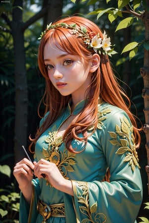 3D drawing, sexy 30 year old girl wearing goddess of the forest clothing, ginger hair with flower decoration, pantone clothes, magical forest, lightshow, (visual art, abstract:1.2), fantasy, (photorealistic:1.3), (intricate details:1.5), shallow depth of field, bokeh, Digital illustration, Fantasy, AgoonGirl,1 girl,